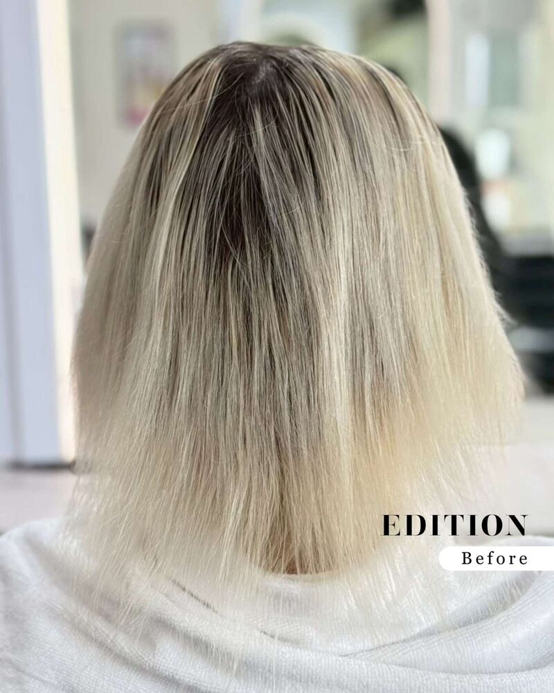 Before human hair weft extensions at EDITION Salon Pattaya — client with short shoulder-length platinum blonde hair and visible dark roots